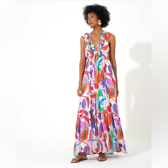 Oliphant ruffle neck maxi dress in papaya floral print M - Picture 2 of 13